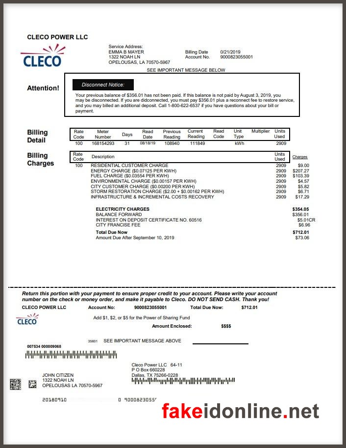 Cleco - Louisiana Utility Bill Template